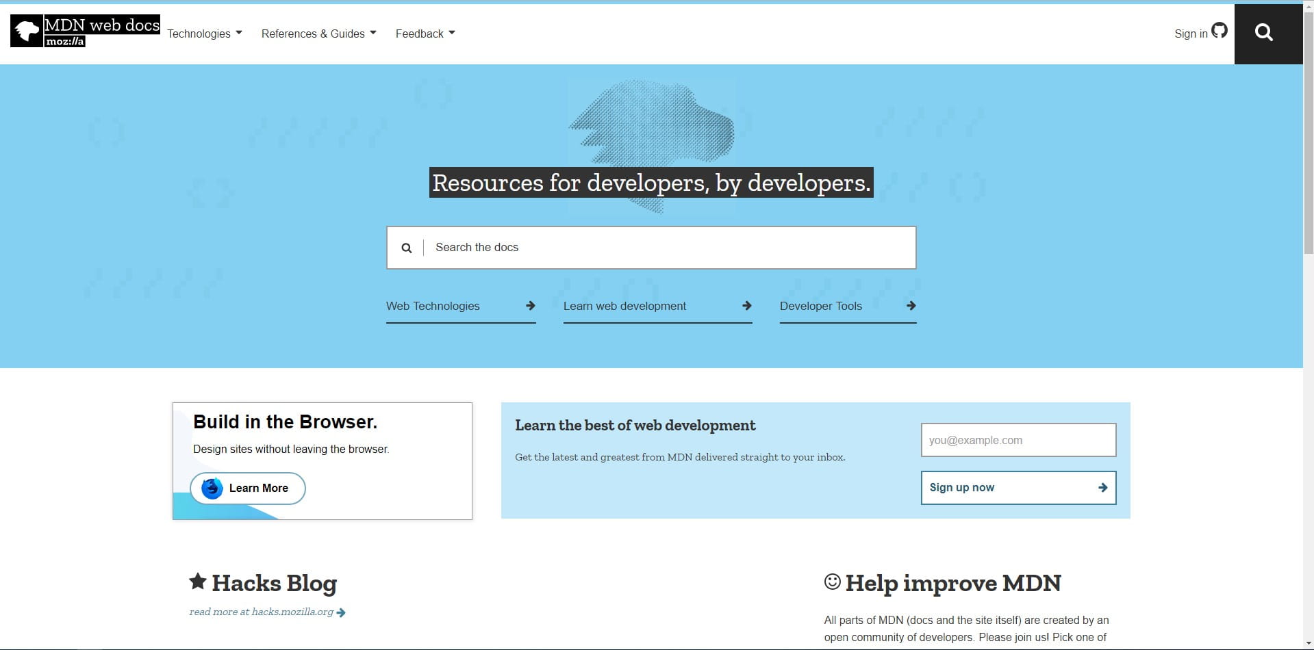 The Mozilla Developer Network, or MDN, homepage.