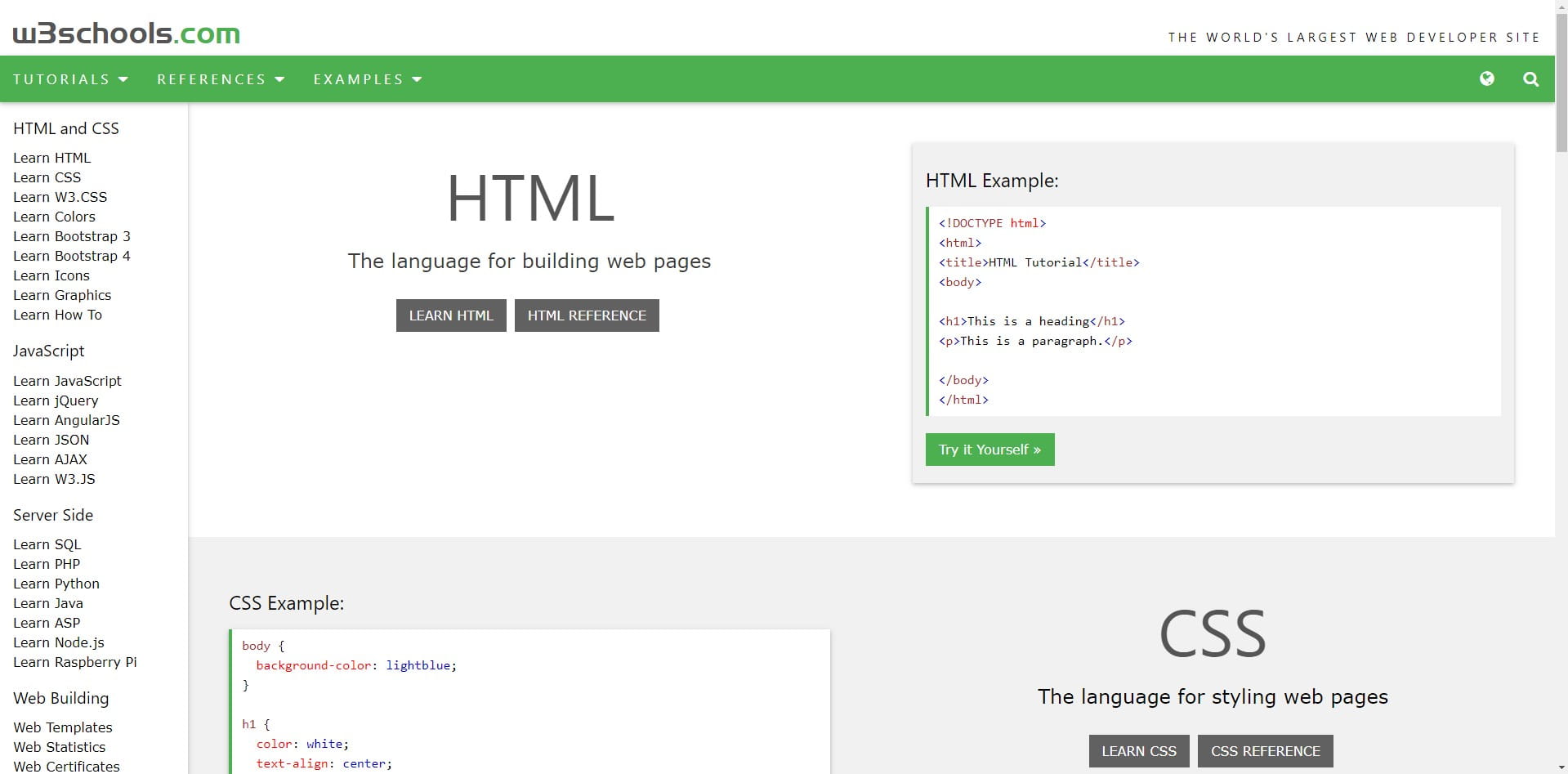 The W3Schools homepage. An poor source of reliable information surrounding web technologies.